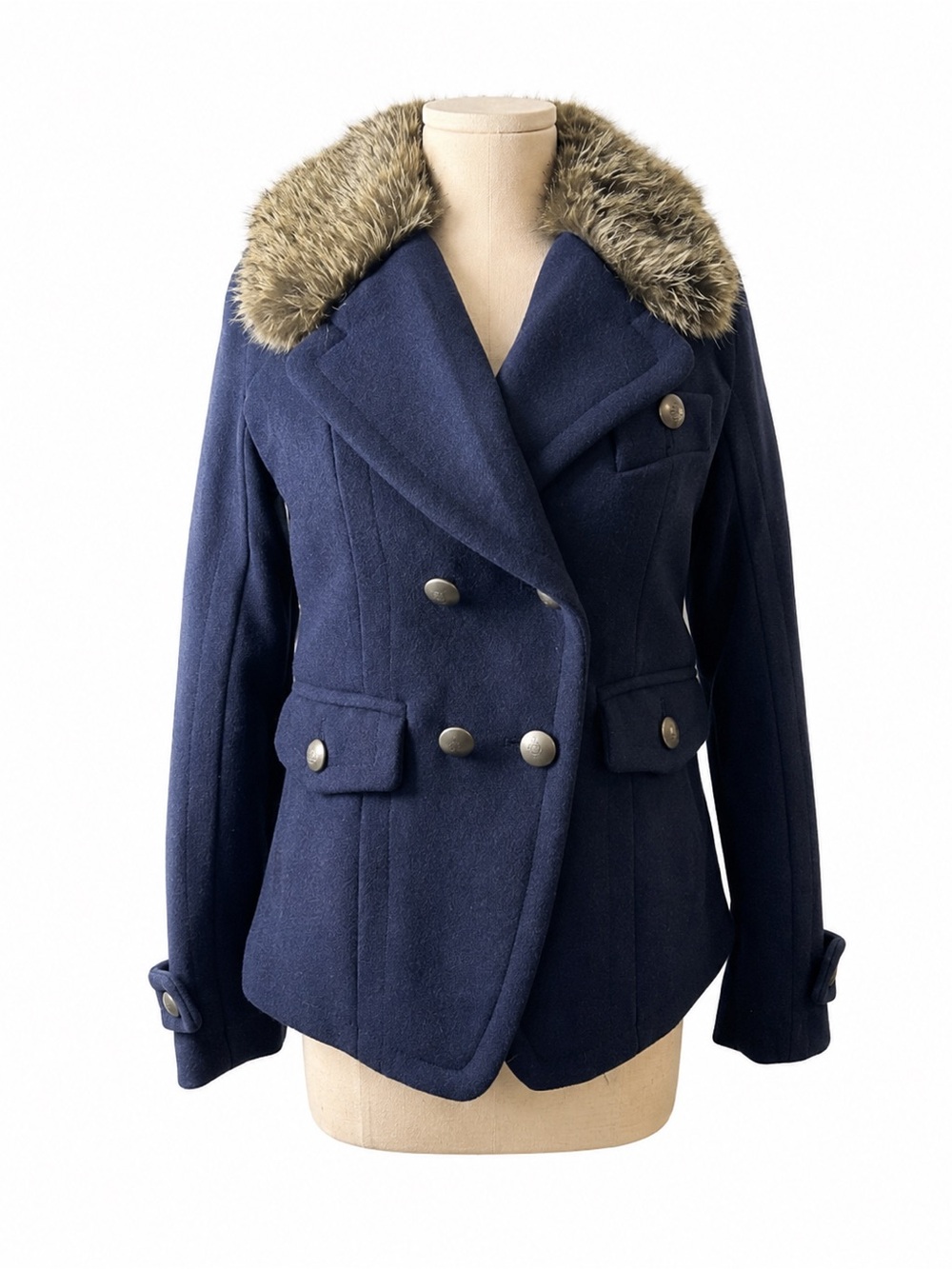 American Eagle Nay Pea Coat Faux Fur Trim  Small Preppy Classic Old-Money